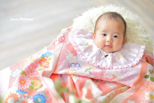 奈良市の写真スタジオ・スタジオオレンジで撮影したお宮参り写真　3ヶ月女の子　ピンクの着物