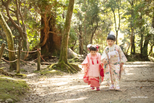 春日大社で七五三出張写真撮影　７歳女の子　３歳女の子　ピンクの着物